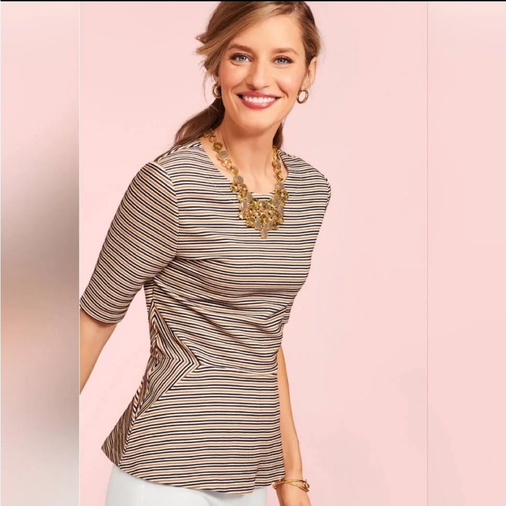 Talbots Women Trumpet Hem Pink Black White Stripe Short Sleeve Shirt, XS